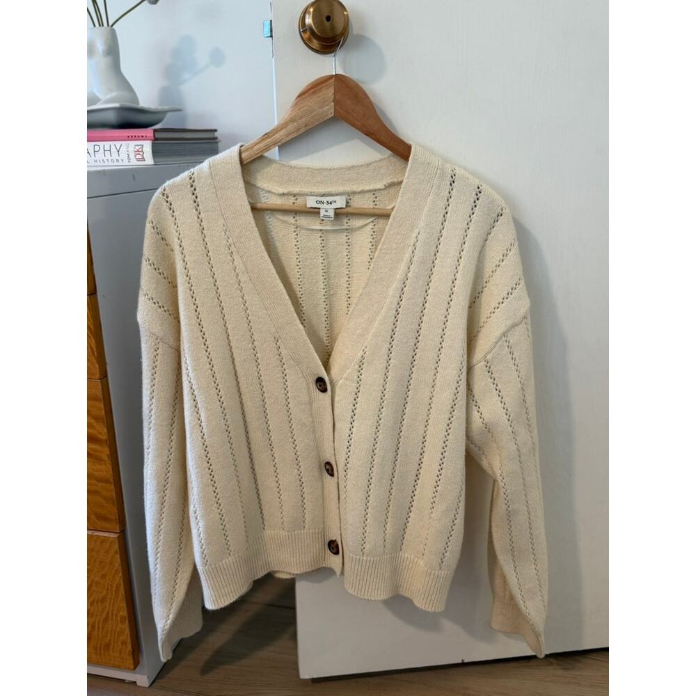 Cream Pointelle Knit Cardigan Cottagecore Soft Feminine Button Front Sweater ✨